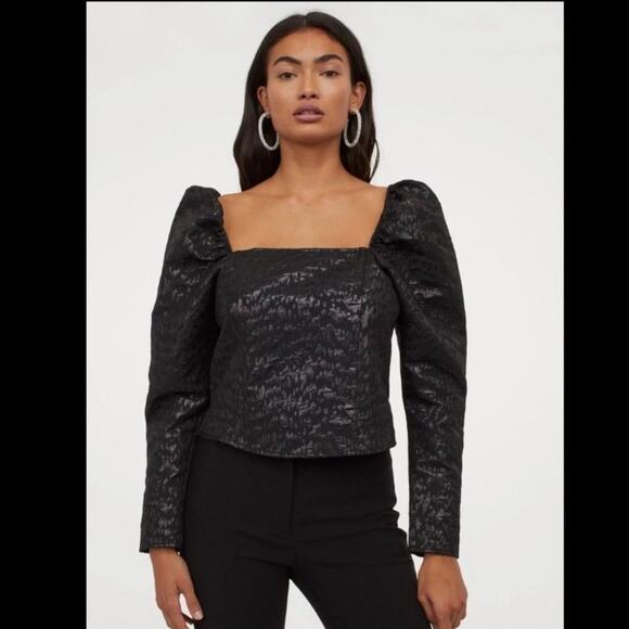H&M Jacquard Metallic Black Blouse with Puffy Sleeves Size XL - Picture 1 of 6